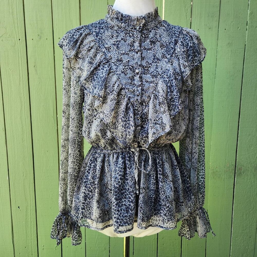 Walter Baker Grey Snake Print Chiffon High Neck Peplum Ruffle Blouse